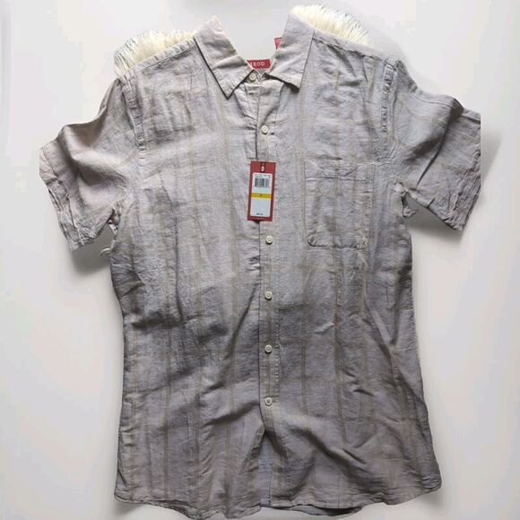 NWT Men's M  IZOD Tan Linen Blend Button Up Short Sleeve Casual Shirt  Vacation - Picture 1 of 16
